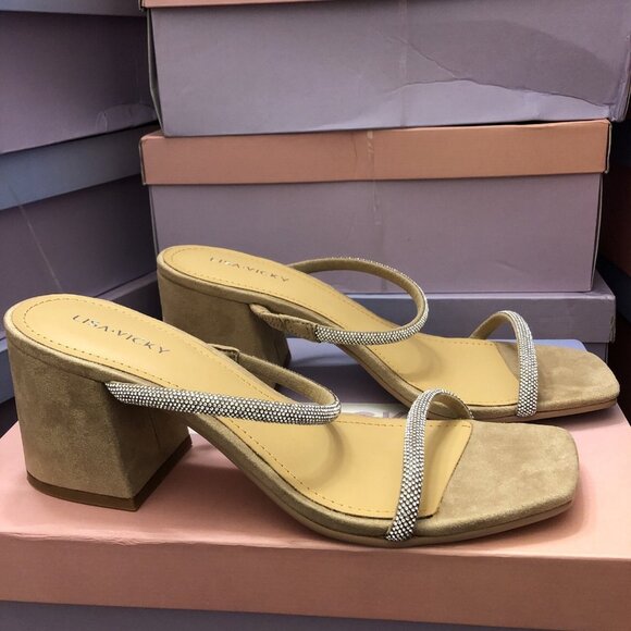 Lisa Vicky MOOD-V Silver Strap Tan Block Heel Size 8.5 - Picture 1 of 6